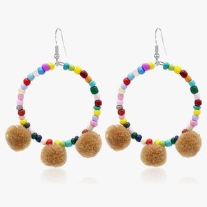 Colorful Beaded Hoop Earrings with Tan Pom Pom Accents